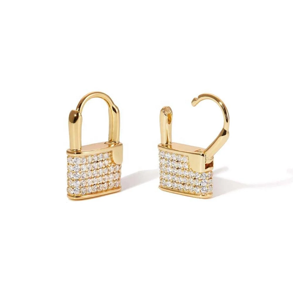 

925 Sterling Silver Gold Jewelry Pave Cubic Zirconia Diamond Lock Padlock Huggie Hoop Earring 2020