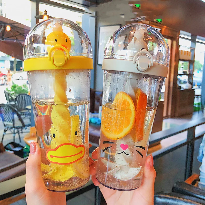 

Kids 500ml plastic drinking Bottle bpa free Yellow Duck cute cartoon animal Mixing Cup portable reusable water bottle with straw, Color as pictures