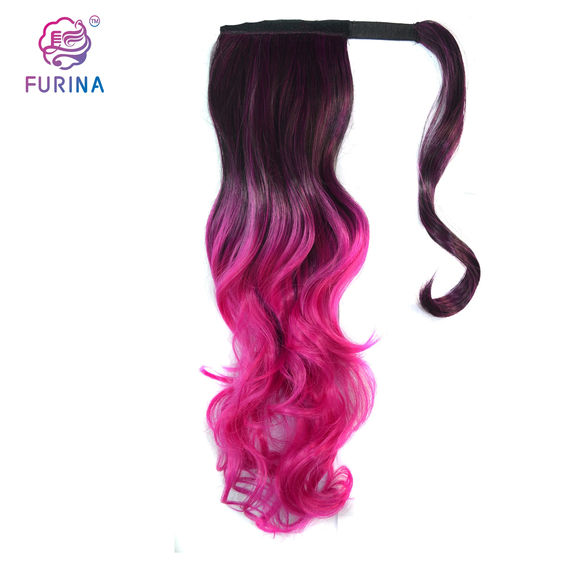 

New Arrival synthetic ponytail colored ombre wavy wrap around ponytail clips in hair extension, Pure colors are available