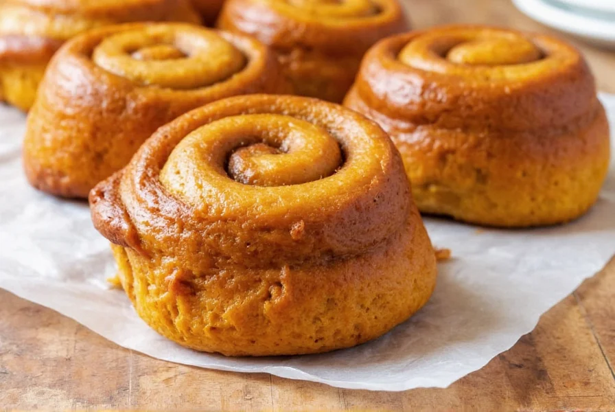 Perfectly baked pumpkin cinnamon buns with maple icing drizzled on golden brown rolls arranged in 9x13 baking pan