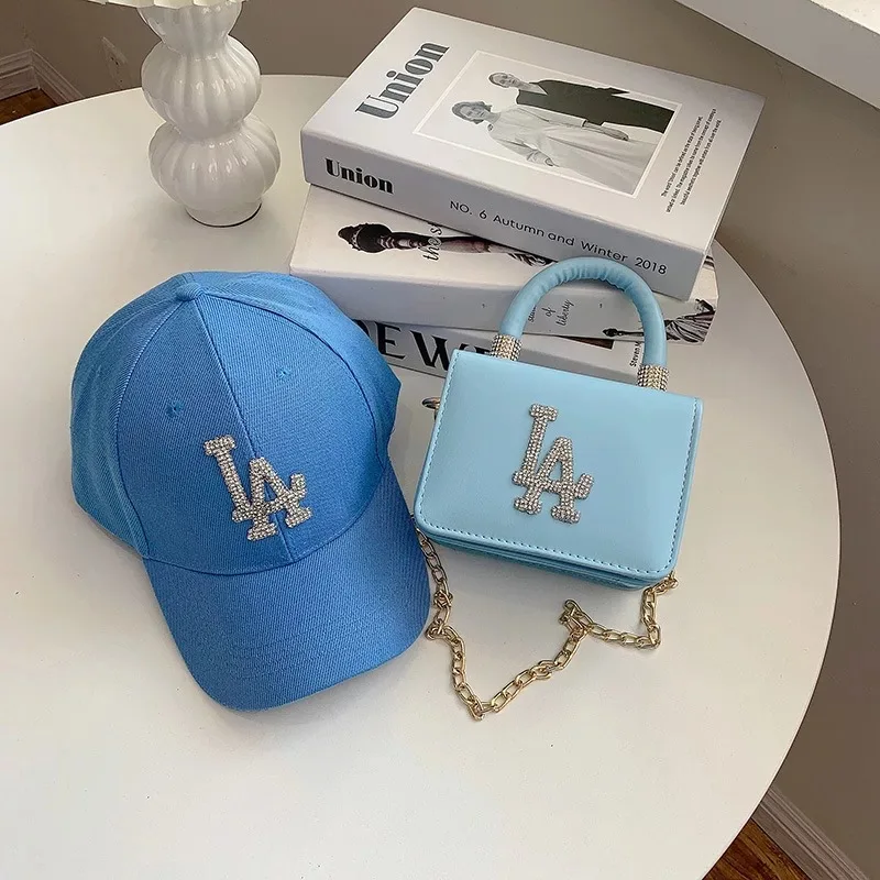 

New design famous brand LA square diamond letter handbags matching hats sets fashion women bags and hats sets, Rich