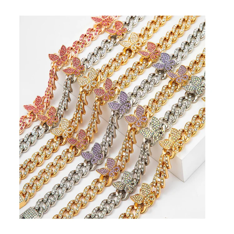 

Fashion wholesale women jewelry tarnish free gold plated bling crystal cuban link butterfly anklet, 4 colors