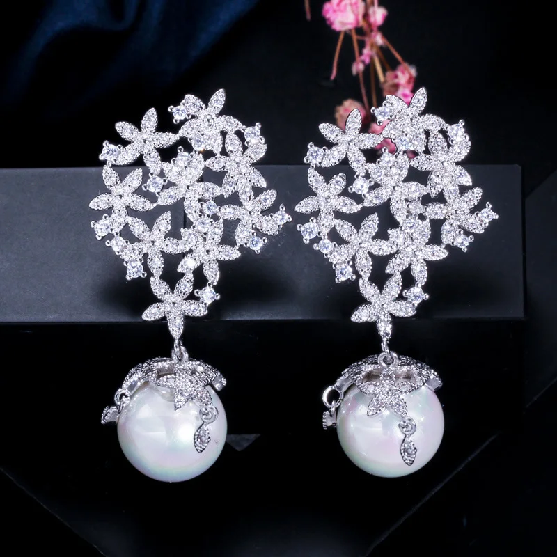 Luxury Big White Cubic Zirconia Stone Pave Long Dangle Drop Flowers Pearl Earrings Jewelry for Women Wedding Party Accessories