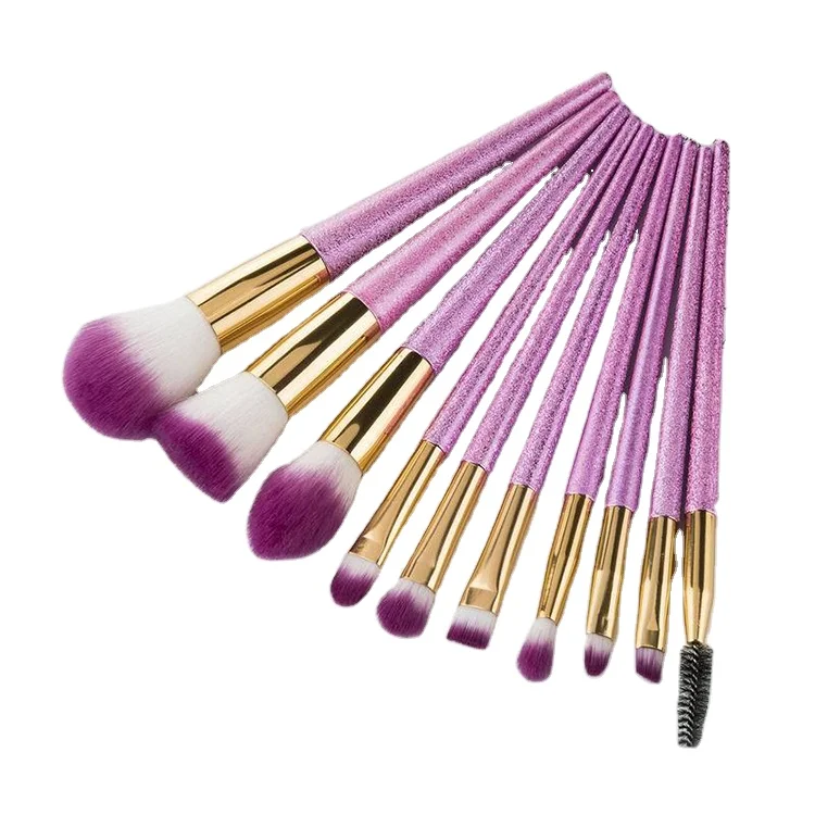 

quality factory handmade custom 10pcs brown fur purple handle bling makeup brush set, Sliver