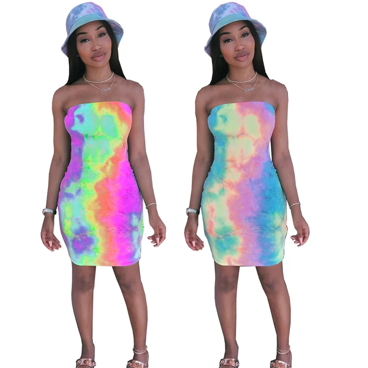 9S00696 Summer tie dye wrap chest  lady strapless midi tight dress pattern