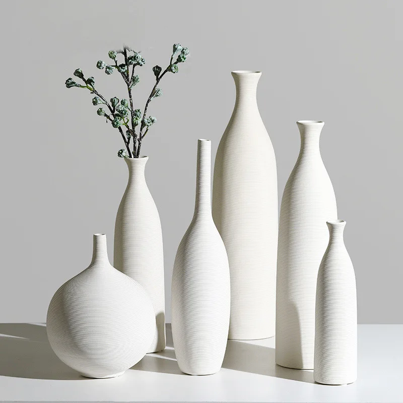 

Nordic modern arrangement dried flowers floral white ceramic vase, White, black