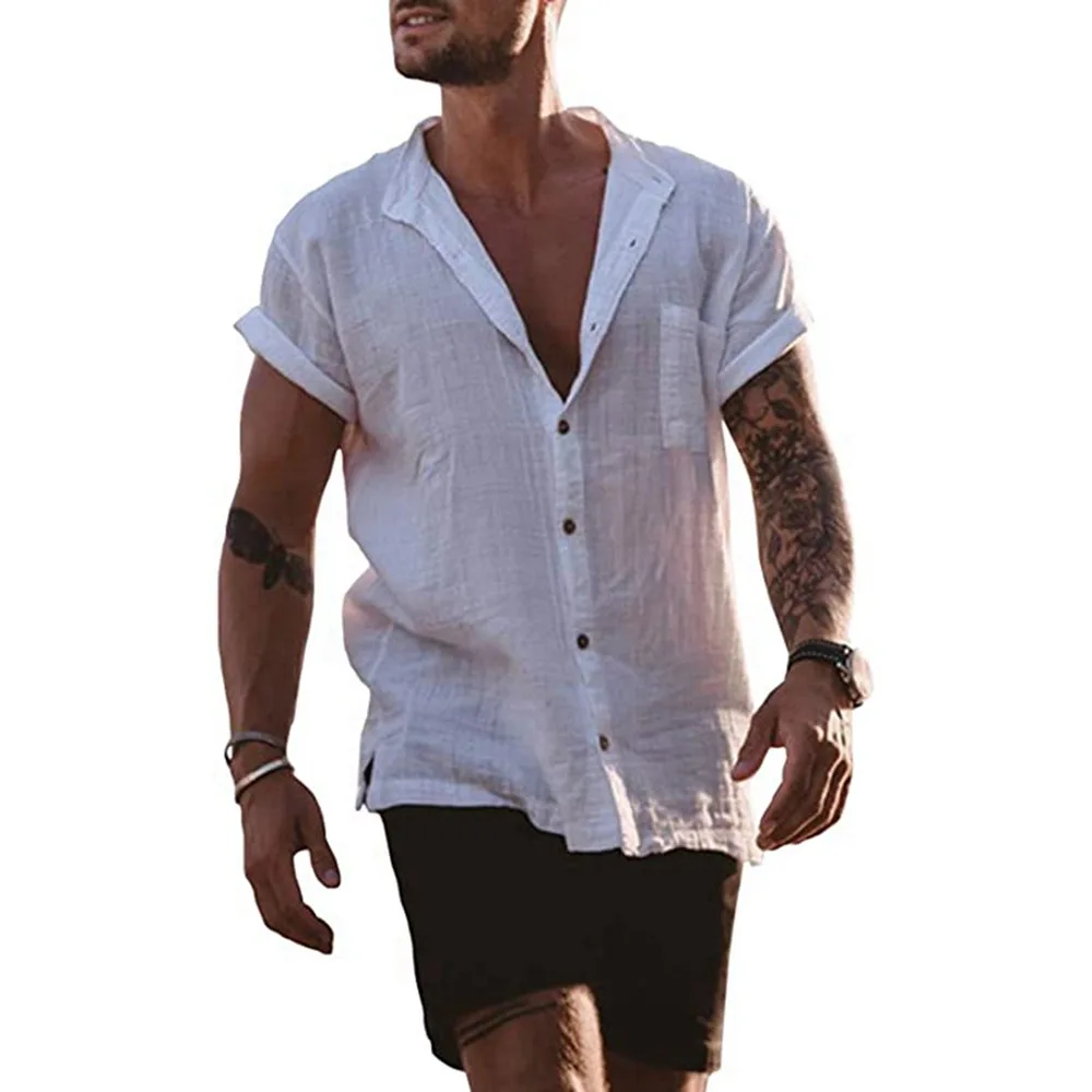 

Plus Size 5XL Mens Short Sleeve Shirts Button Down Tops Beach Linen Fishing Tees Spread Collar Plain Summer Blouses With Pocket, Stripes