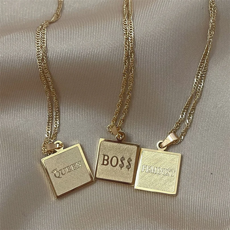 

Stainless Steel Inspiration Engraved Bar Feminist Boss Queen Charm Necklace Stainless Steel Material Charm Jewelry, Picture