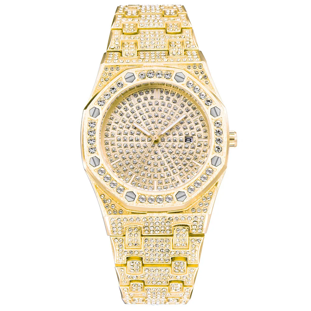 

Hiphop Hot 18k Gold Large Dial Quartz Calendar Diamond Watch Men, Silver,gold,rose