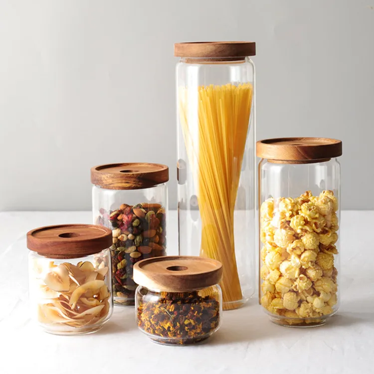 

Heat Resistant High borosilicate glass food storage jar with acacia wood lid