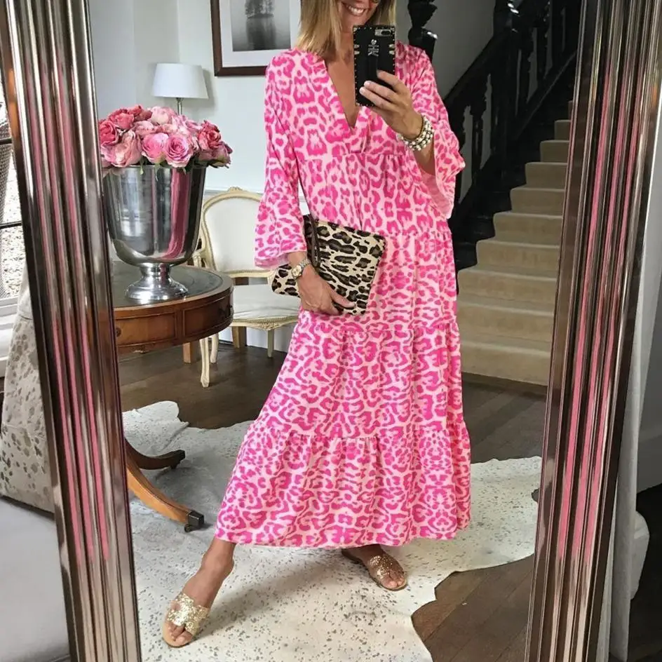 

Pink Printed Three quarter Sleeve V neck Boho Maxi Dress