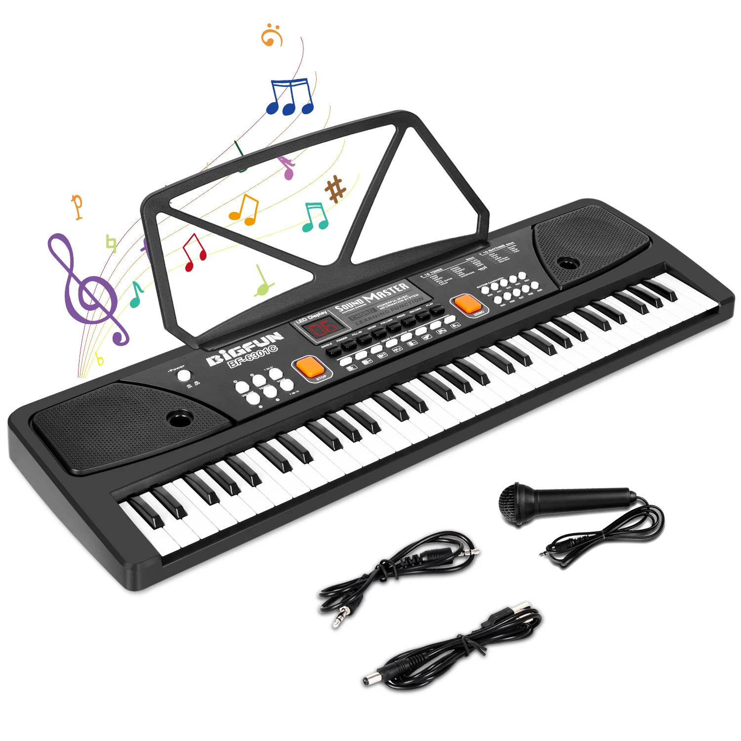 

61 Keys Kids Electronic Piano for Beginner with Power Supply Built In Speakers Microphone Electric Keyboard Piano, Black white