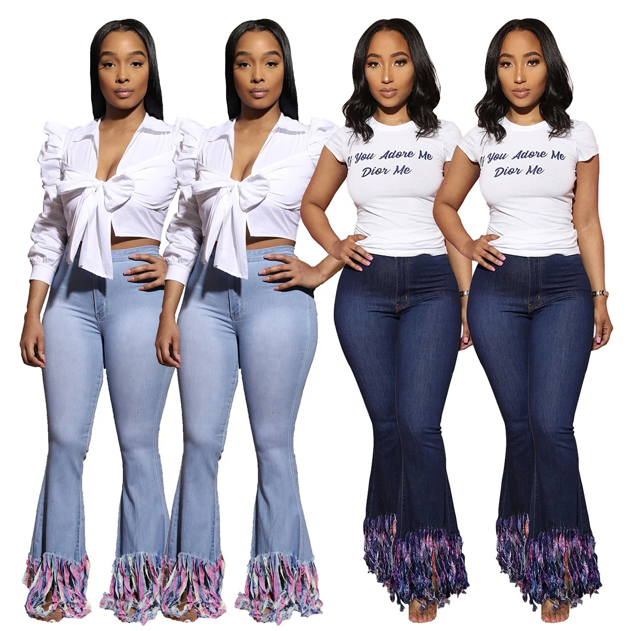 

Fashion New Style Denim Jeans Women Fall Washed Flared Plus Size Tassel Jeans