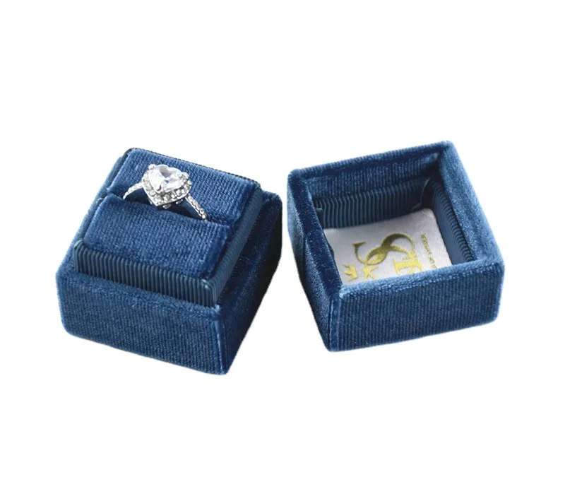 

Wholesale custom logo velvet ring box fancy navy velvet square ring box custom jewelry packaging wedding gift display holder, Customized