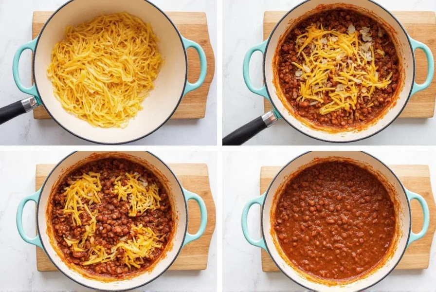 Step-by-step preparation of Cincinnati 5-way chili showing the layering of spaghetti, chili, cheese, beans, and onions