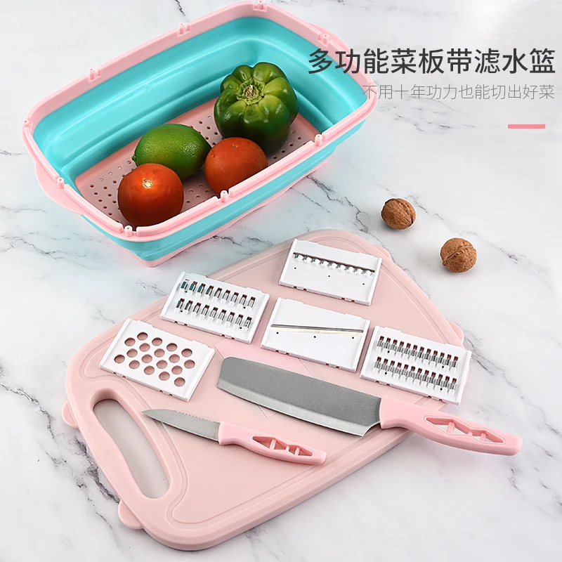 

9 in 1 Multifunction portable kitchen cutting board with folding strainer basket, Custom colors