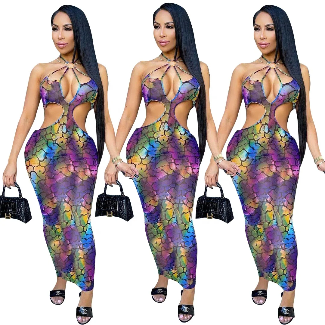

DL740 New stylish trendy printed criss-cross sexy night dresses backless summer clothing hollow out bodycon womens long dress