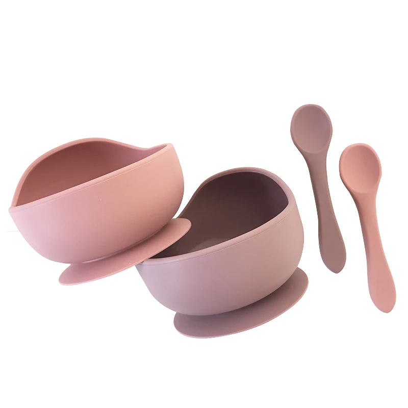 

Silicone suction bowl and spoon Heat insulation easy to clean baby set, Pink, purple, blue, green, gray, sky blue, brown, brick red
