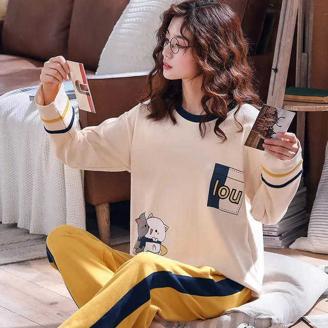 

Wholesale Korean Style Cute Cartoon Pattern Fashionable Cotton V-neck Long Sleeve Home Wear Nightgowns, Customized color