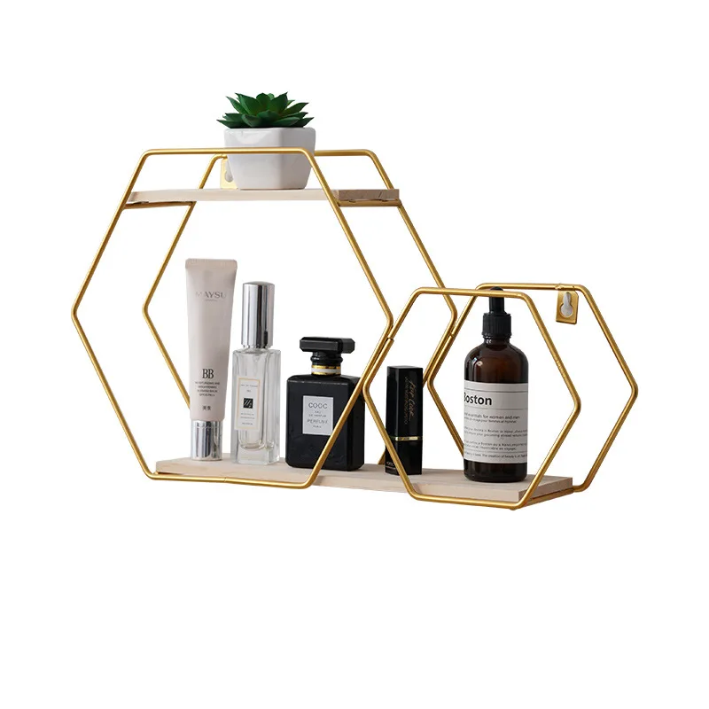 

Nordic Modern Ins Wall Decoration Rack Metal Hanging Storage Shelf Pentagonal Shelf Storage Living Room Bedroom, Black,gold