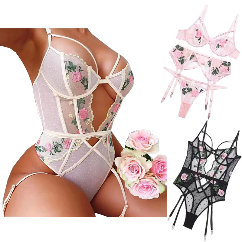 

3 Color Women Sexy One piece Floral Embroidered Teddy Lingerie Bodysuit
