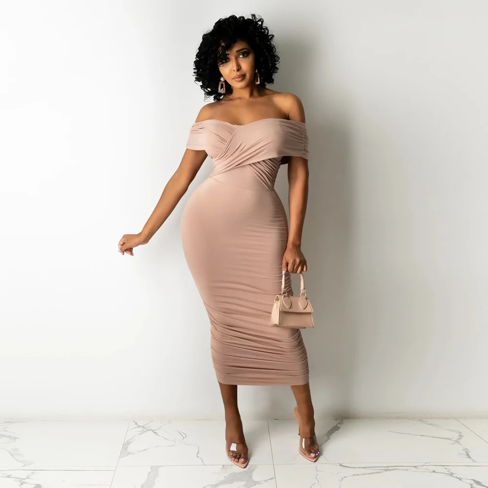 

Elegant Summer Off Shoulder Solid Short Sleeve Midi Party Dresses Ladies Trendy Skirt Evening Dresses