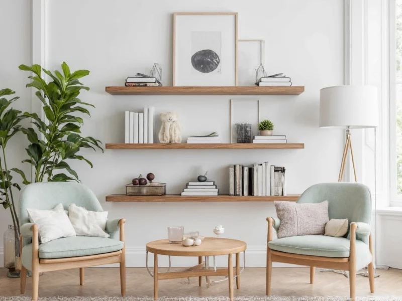 DIY floating bookshelf wall holding books in modern living room