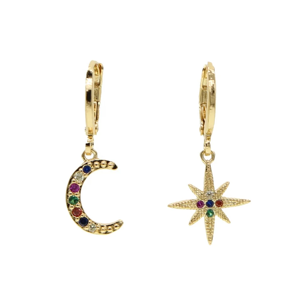

drop shipping colorful rainbow cz moon star drop charm earring gold silver color 2021 new wholesale jewelry