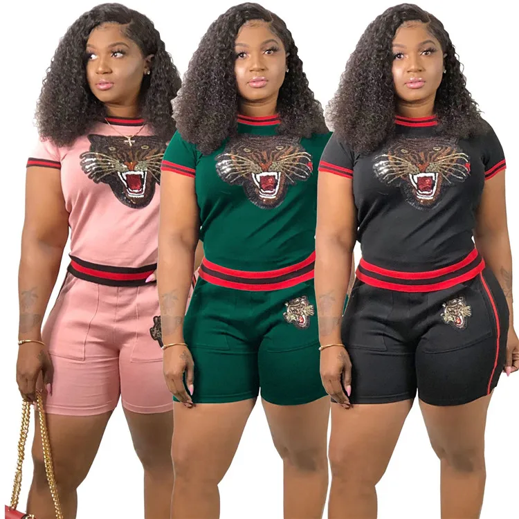 

New Design Women Sequin Tiger Shorts Set Outfit Casual Stripe Summer Two Piece Set