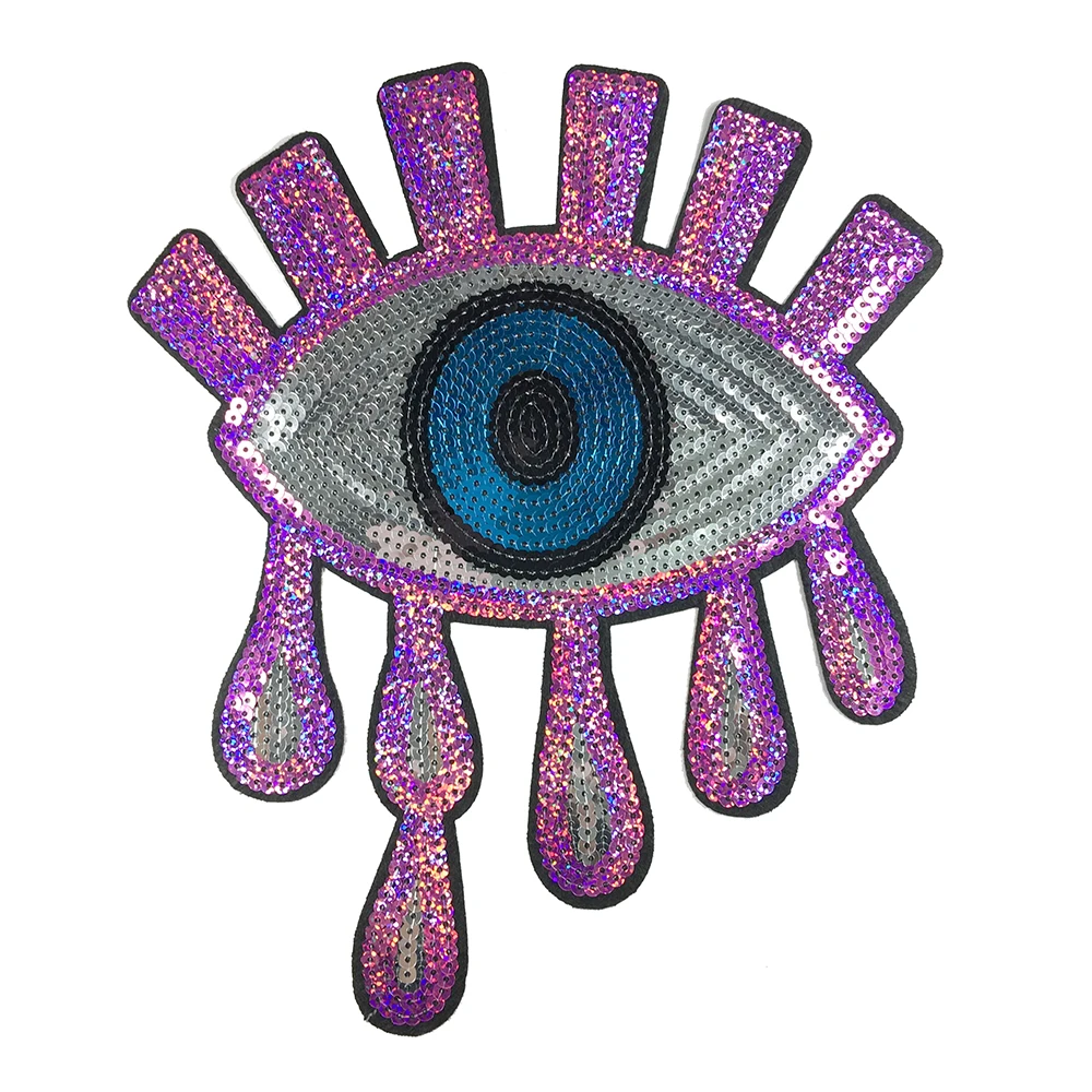 

Stock Iron On Evil Eye Backing Glue Embroidered Applique Sequin Patches For Clothing, As picture