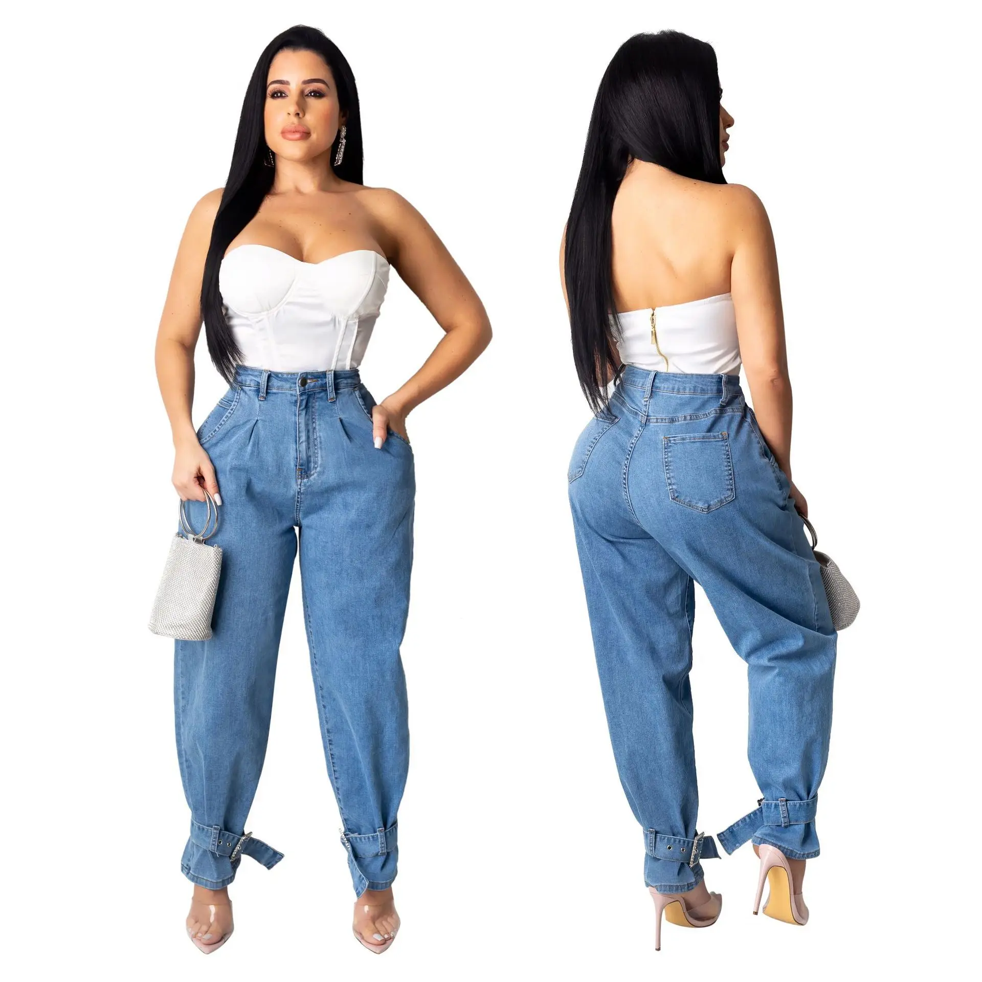 

Hot Selling Women Loose Straight Wash Plus Size Jeans Denim Trousers Wide Leg Bandage Lace Up Jeans Pants, As pictures show