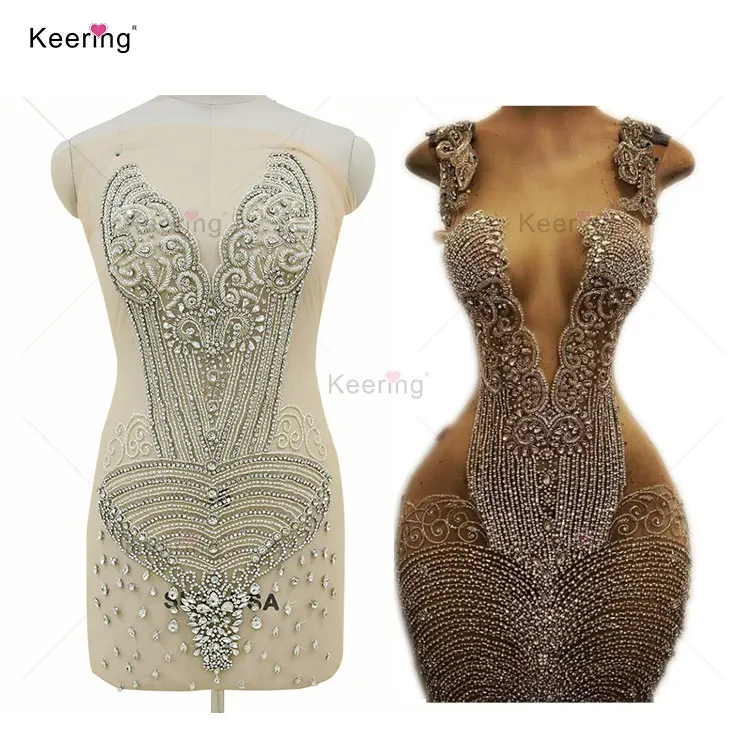 

Full bodice applique 3d rhinestone applique panel applique dress WDP-277, Silver with nude mesh,other colors should check with me