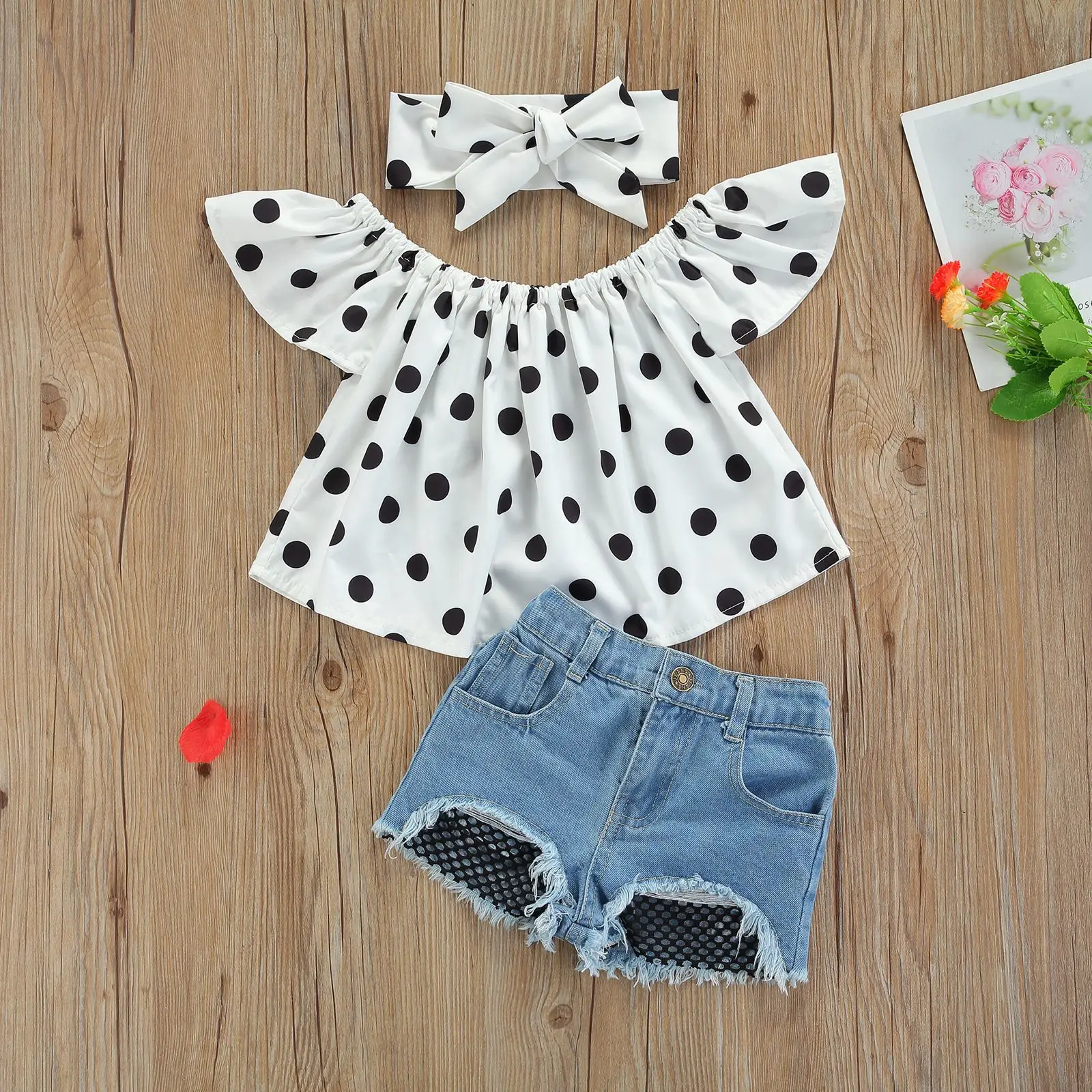 

newly toddler Baby Girl Clothes Sets Dot Sleeveless Tops Hole Jeans Denim shorts Outfits kids Baby Summer Clothing suit, As image shown