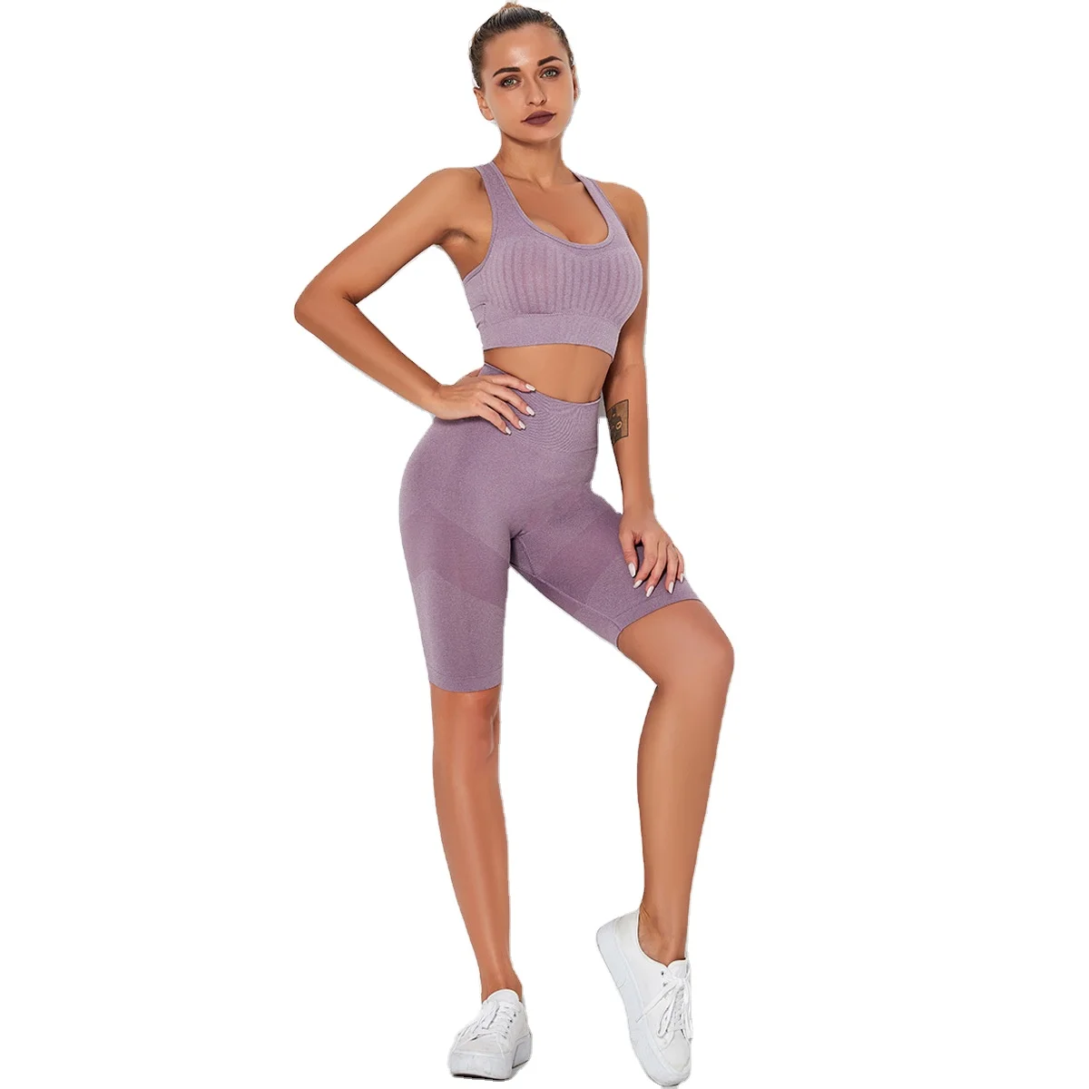 

New arrival breathable seamless knitted bra yoga suit running sports fitness short pants, Shown