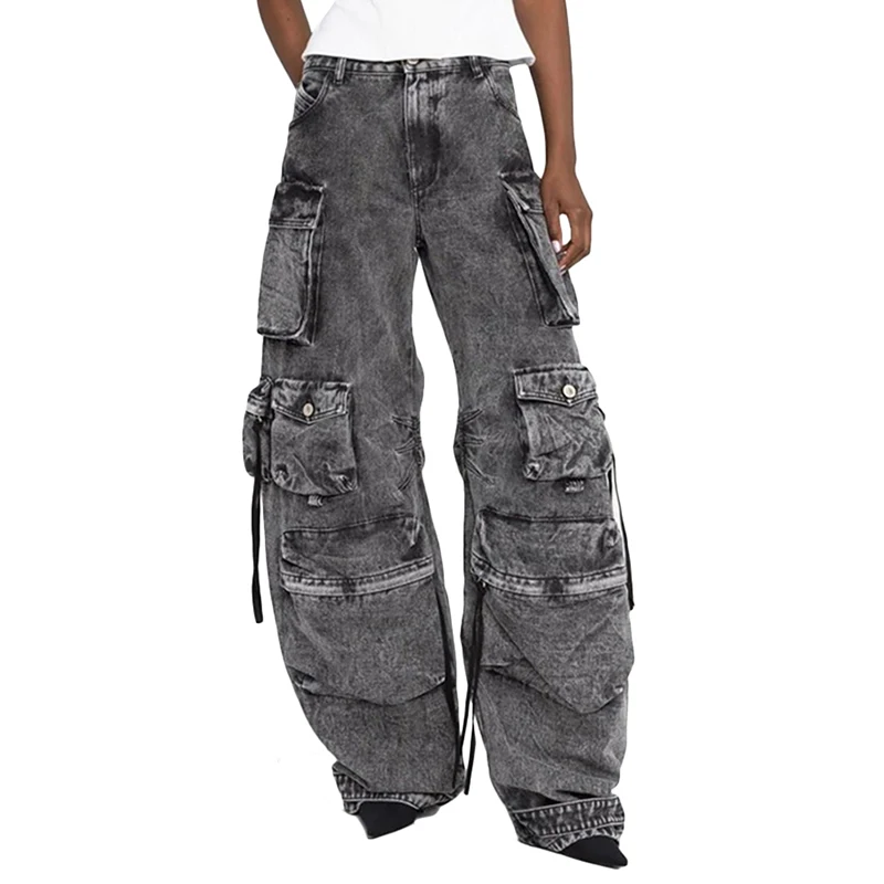 

TWOTWINSTYLE Women's Jeans Vintage Patchwork Pockets High Waist Wide Leg Jeans Women 2024