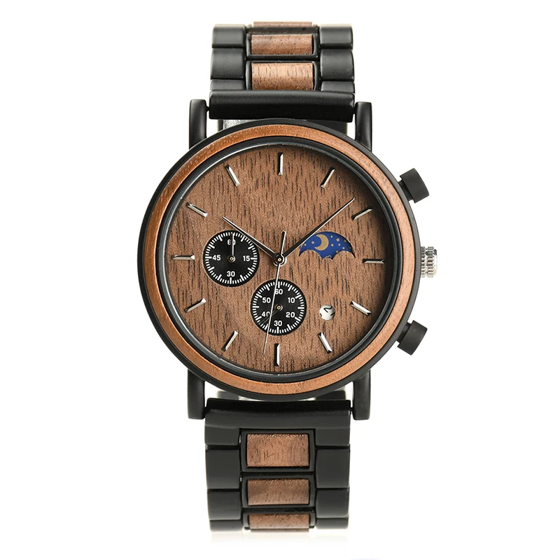

Black Stainless Steel and Natural Wood Quartz Moon Phase Complete Calendar Business Watches for You