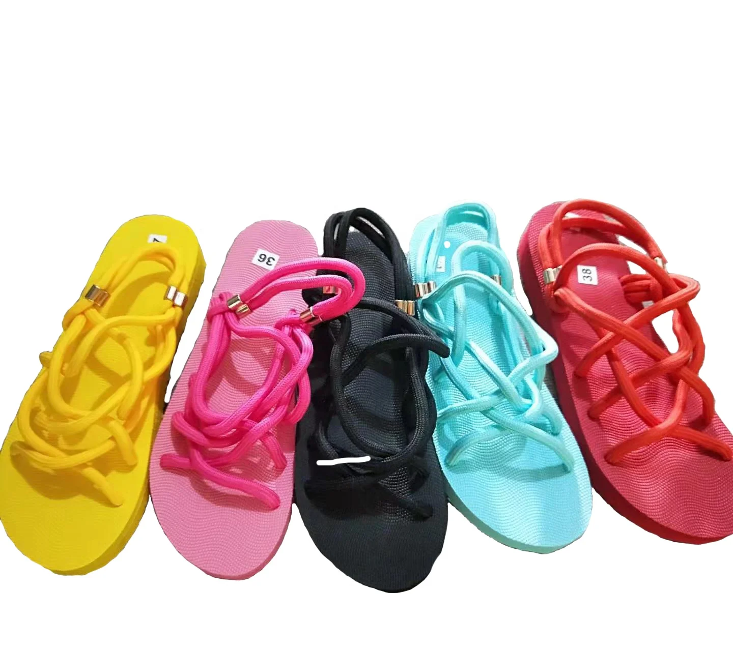 

D11 Top selling ladies cute peep toe flat slippers fashion sandals cross-strap women rope sandals