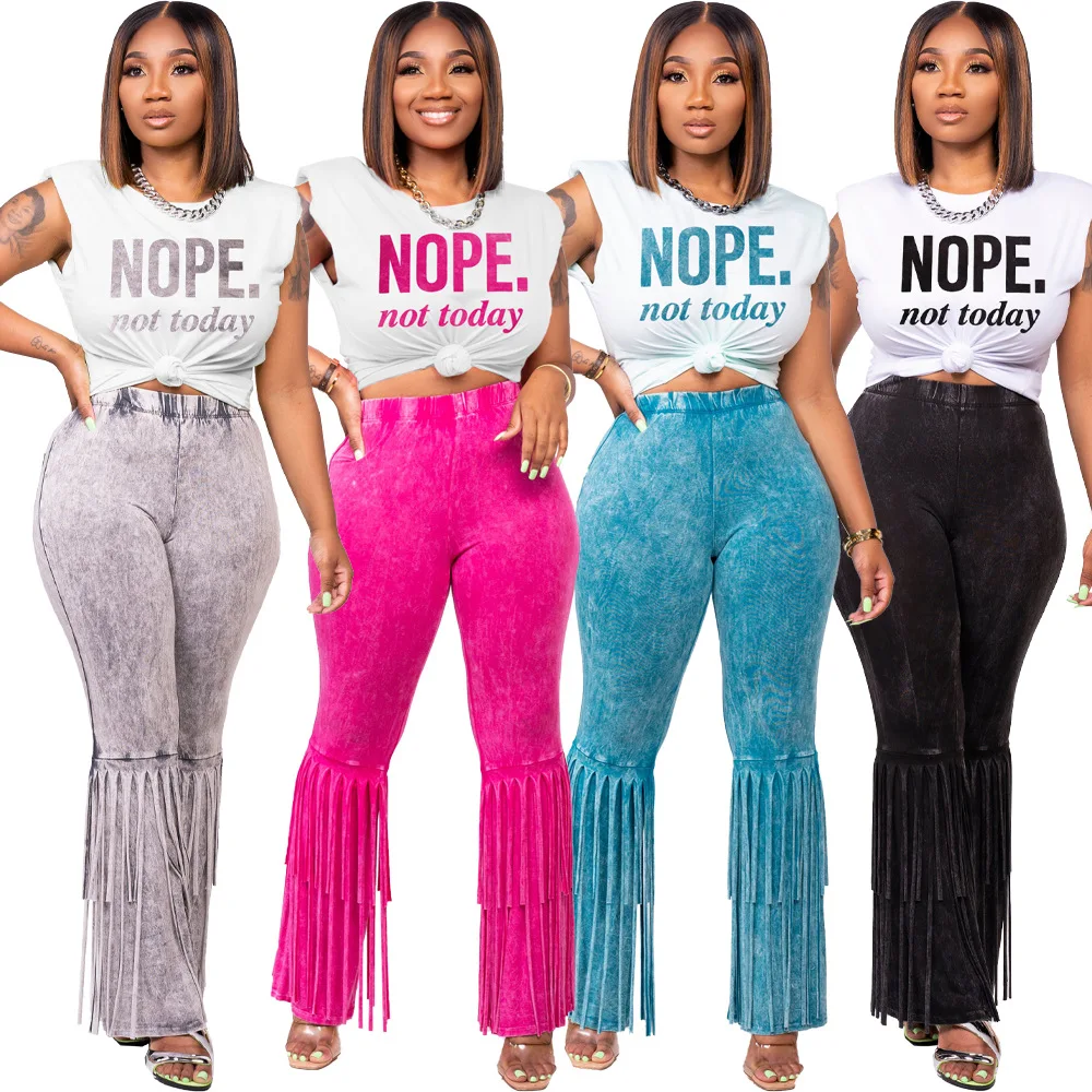 

Two Piece Set Women Clothing tassel pants printed top two piece set