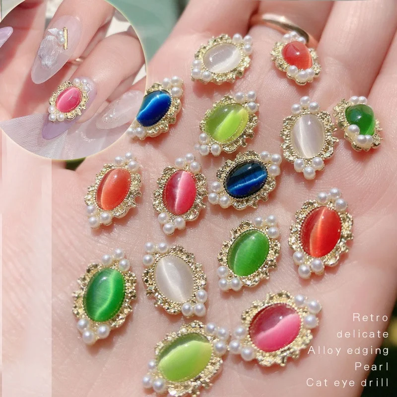 

Paso Sico Brand New Cat Eye Stone Manicure Design Opal Magic Nail Decoration with Pearls Nail Charms