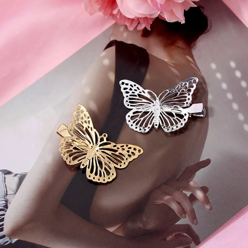 

2020 New Design Bride Wedding Headdress Jewelry Vintage Metal Duckbill Clip Fashion Hollow Butterfly Hairpin Word Clip, Gold,silver color