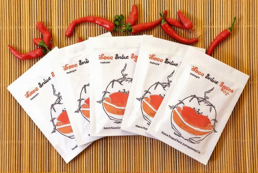 Thai Chili 2 Go portable sauce packets arranged neatly on bamboo placemat with fresh Thai chilies