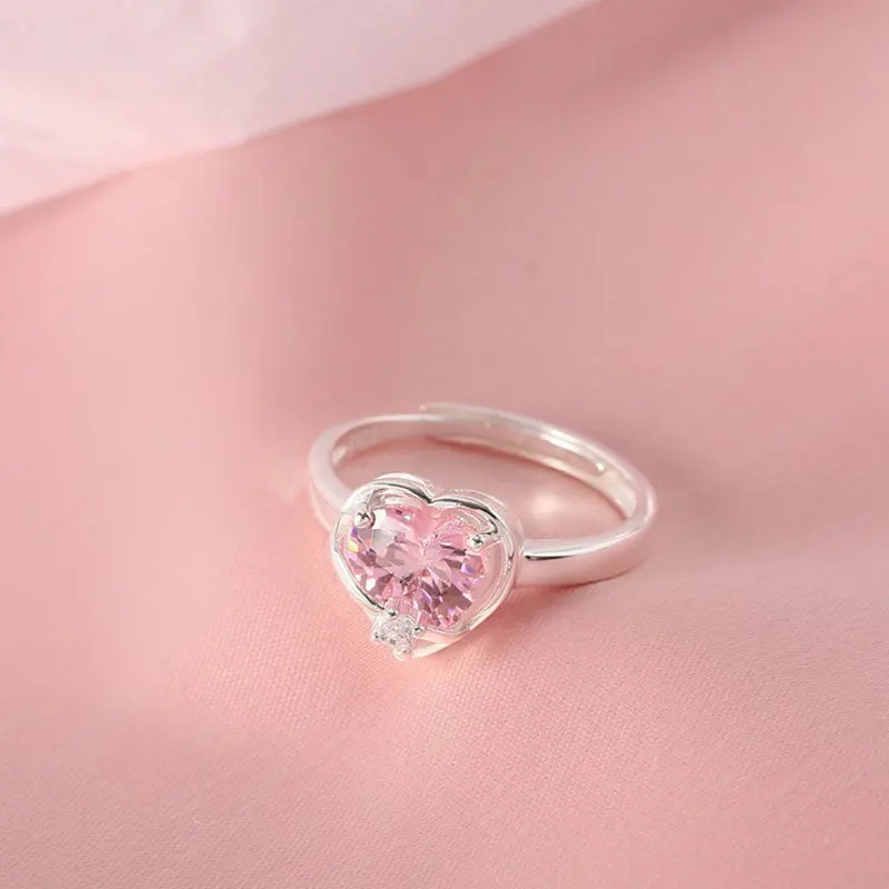 

Sweet S925 Sterling Silver Pink Crystal Diamond Heart Shaped Rings Popular 925 Silver Love Heart Open Rings