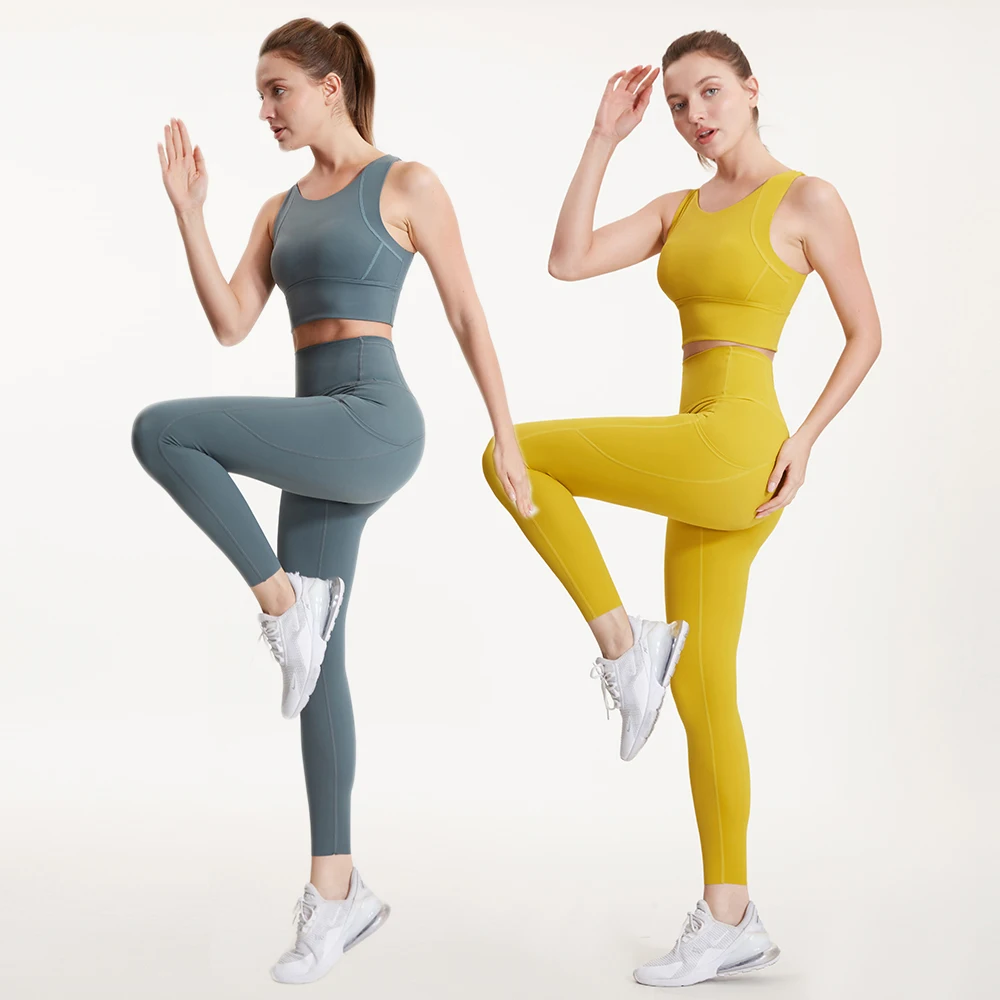 

Women One Color Clothing Sports Top And High Waisted Workout Leggings Yoga Sets Fitness Sports Bra Gym Pants With Pockets