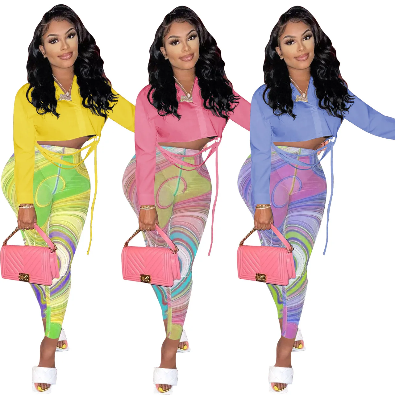 

2022 Spring Fall Long Sleeve Hot Ladies Casual Outfits Tulle Print Pencil Pants Shirt Autumn Women Clothing 2 Piece Set