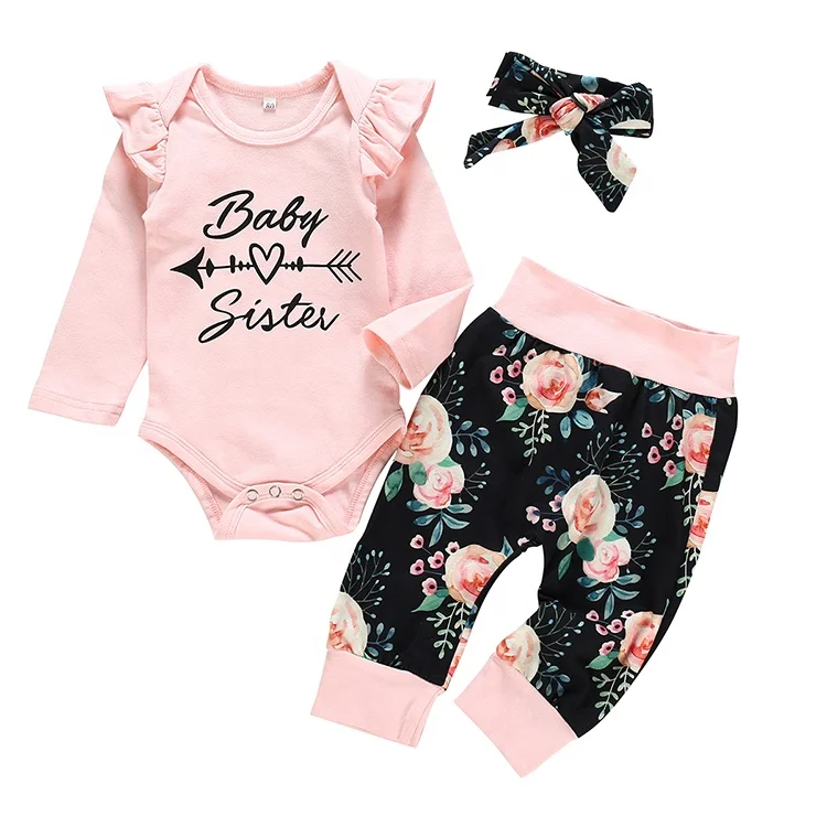 

Infant Toddler Baby Girl Romper Floral Cotton Newborn Ruffle Long Sleeve Bodysuit Winter 3PCS Baby Clothes Outfits Sets, Pink