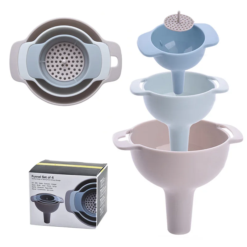 

BBA488 Kitchen Oil Leak Filter Four-in-one Multi-fuel Grid Multifunctional Household Dispensing Liquid Funnel Set, Blue,grey