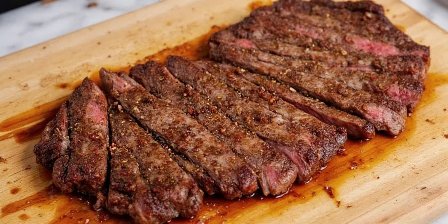 Cast iron skillet with steak sizzling in butter and herbs