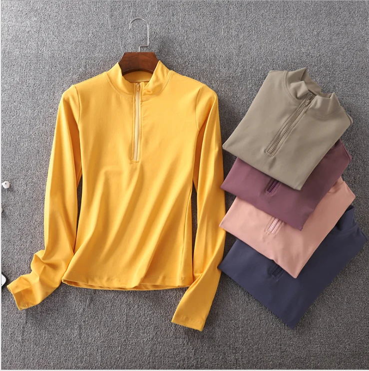 

Female Nylon Custom Fitness Gym Running Compression Women Workout Long Tshirt Yoga Zip Tops, Light solid color