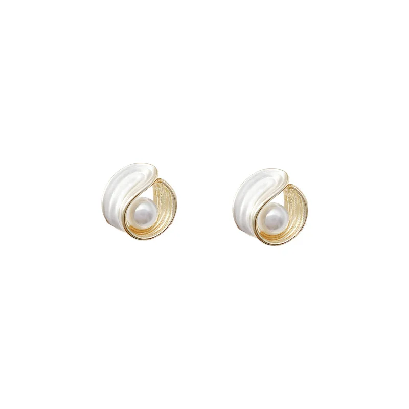 

White enamel retro pearl ring earrings unique geometric stud earrings for women