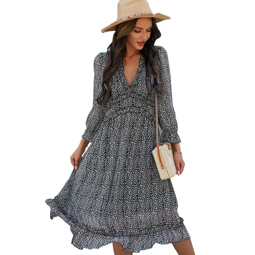 

Top seller high quality spring and summer V-neck simple floral folds female casual dresses, 6 color
